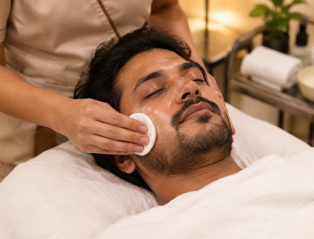 Therapist cleansing a man's face during a cleanup