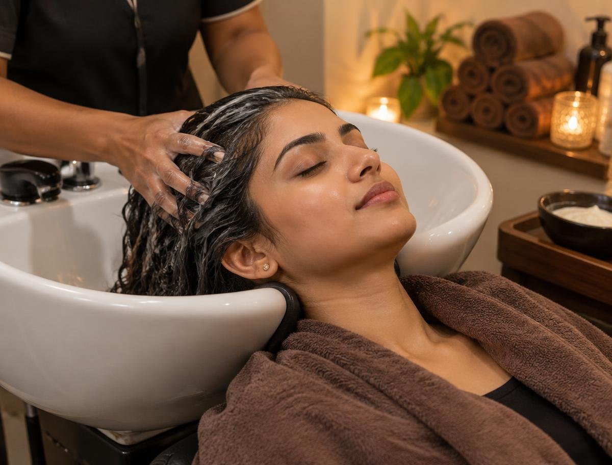 Client relaxing during a hair spa