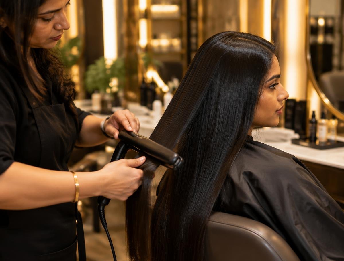 Stylist flat-ironing sleek hair during a keratin treatment