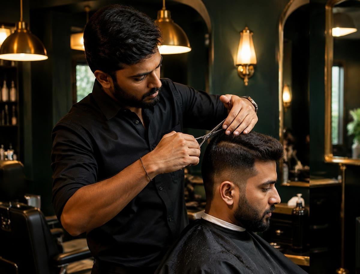 Barber cutting a man's hair with scissors and comb
