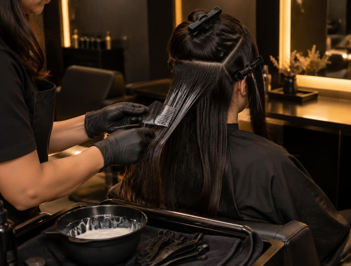 Stylist combing smoothening cream through sectioned hair